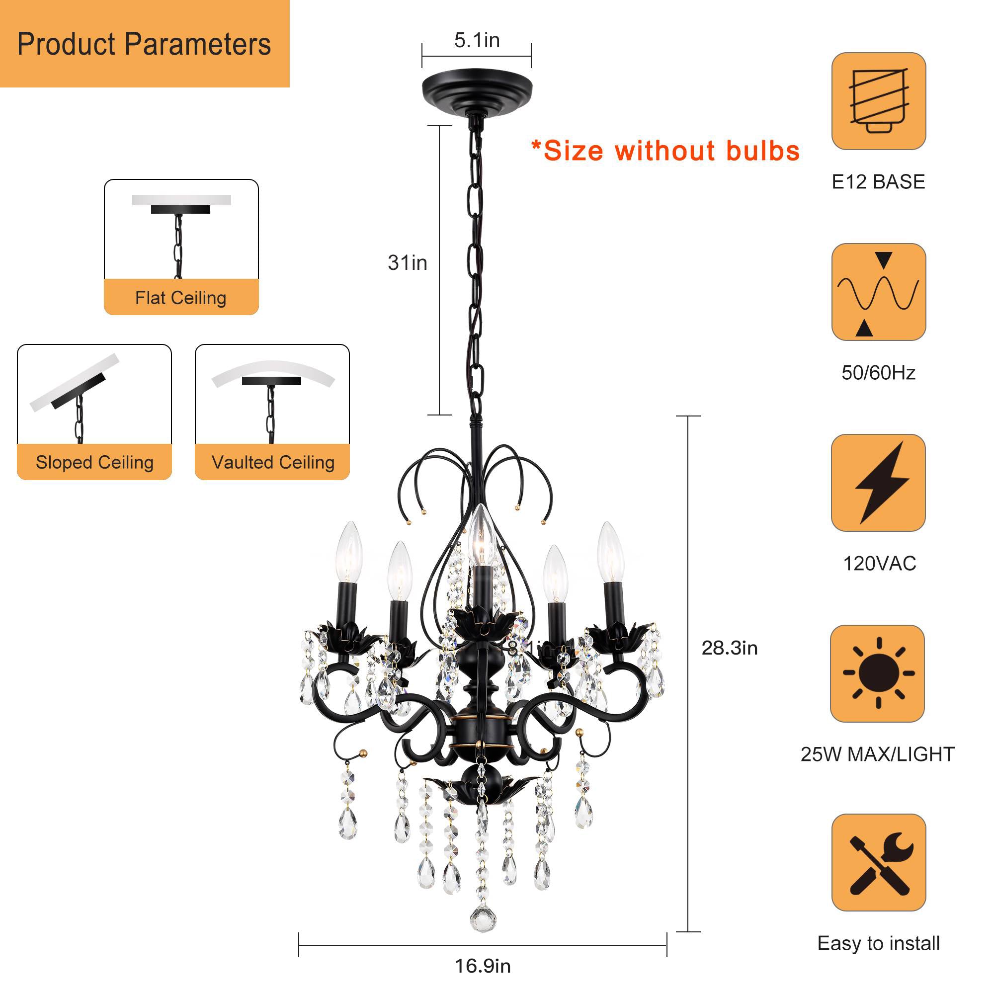 Crystal Chandeliers Clear Chandelier 6-Light Modern Pendant Ceiling Lighting Fixture with Adjustable Chain Length, Vintage Black Light Fixture for Living Room, Farmhouse, Kitchen