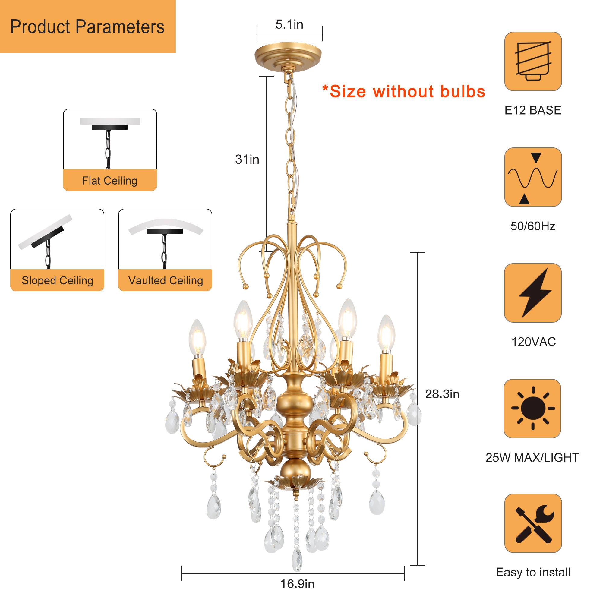Crystal Chandeliers Clear Chandelier 6-Light Modern Pendant Ceiling Lighting Fixture with Adjustable Chain Length, Vintage Black Light Fixture for Living Room, Farmhouse, Kitchen