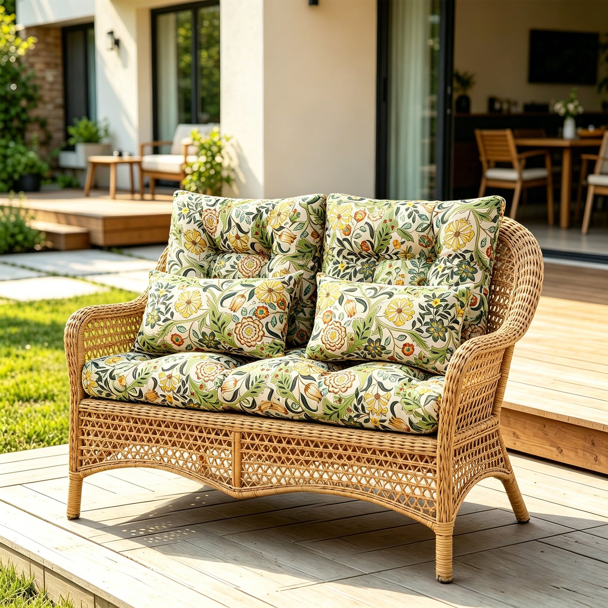 ARTPLAN Outdoor Cushions for Settee,Wicker Loveseat Cushions with Tie,Tufted Patio Cushions 2 U-Shaped Set of 5 Piece,L44xW19,Floral,