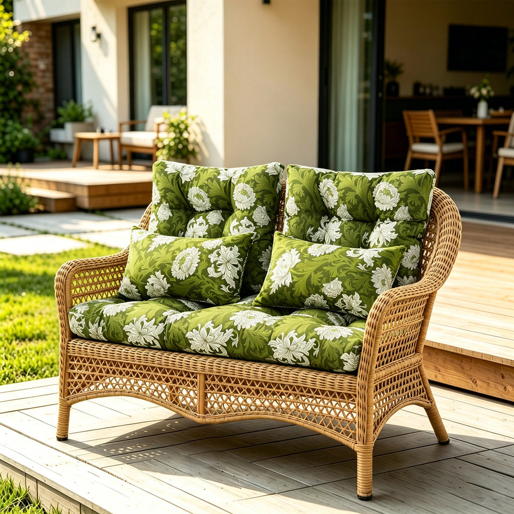 ARTPLAN Outdoor Cushions for Settee,Wicker Loveseat Cushions with Tie,Tufted Patio Cushions 2 U-Shaped Set of 5 Piece,L44xW19,Floral,