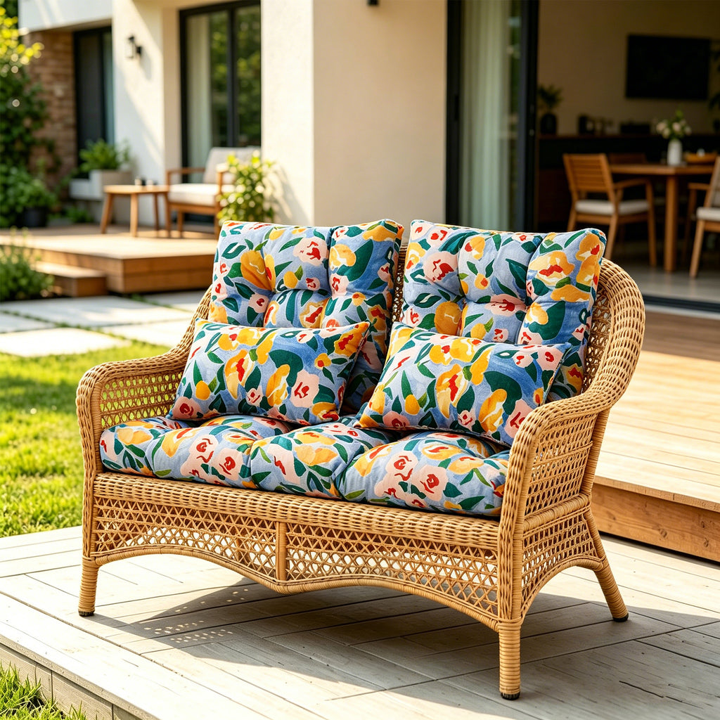 ARTPLAN Outdoor Cushions for Settee,Wicker Loveseat Cushions with Tie,Tufted Patio Cushions 2 U-Shaped Set of 5 Piece,L44xW19,Floral,