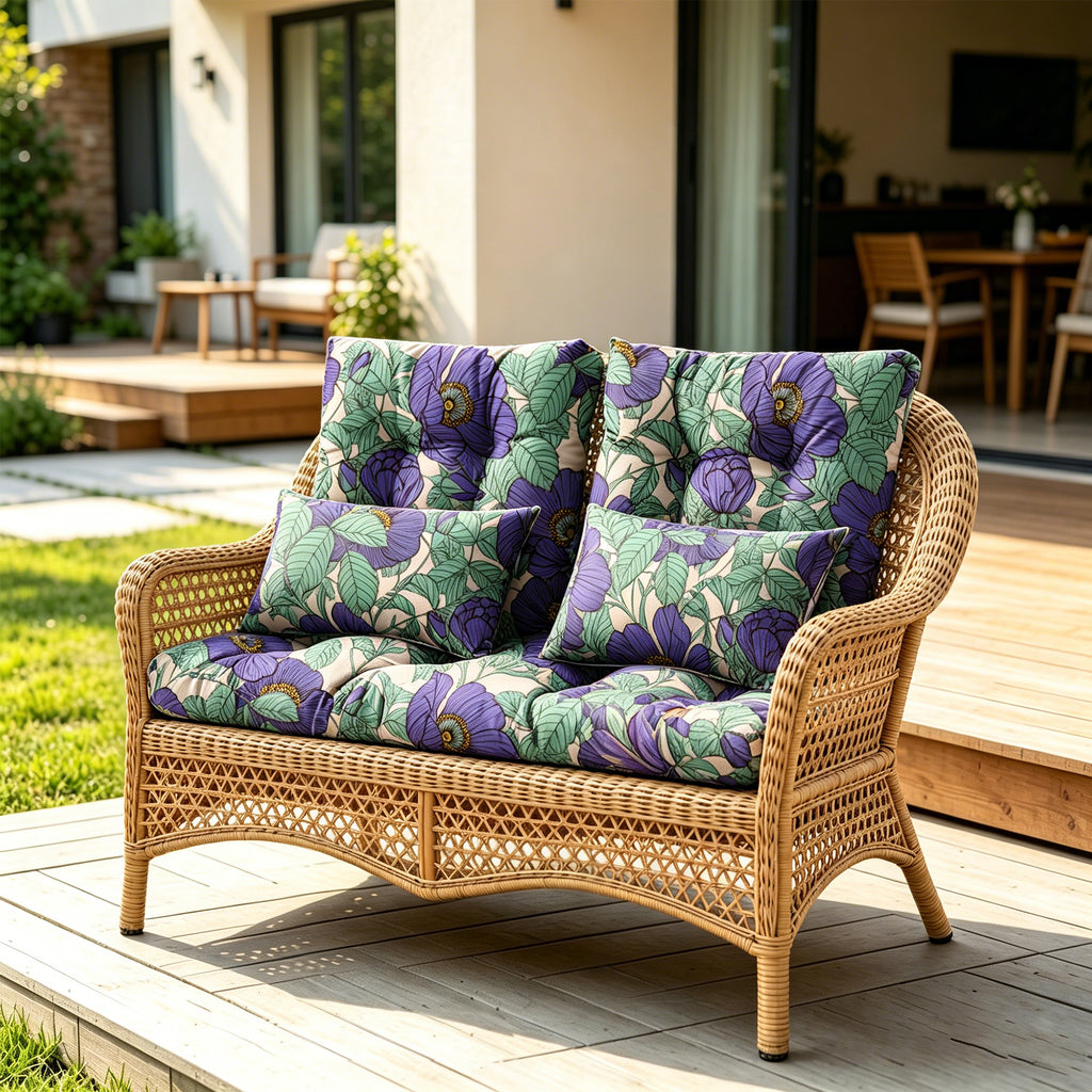 ARTPLAN Outdoor Cushions for Settee,Wicker Loveseat Cushions with Tie,Tufted Patio Cushions 2 U-Shaped Set of 5 Piece,L44xW19,Floral,