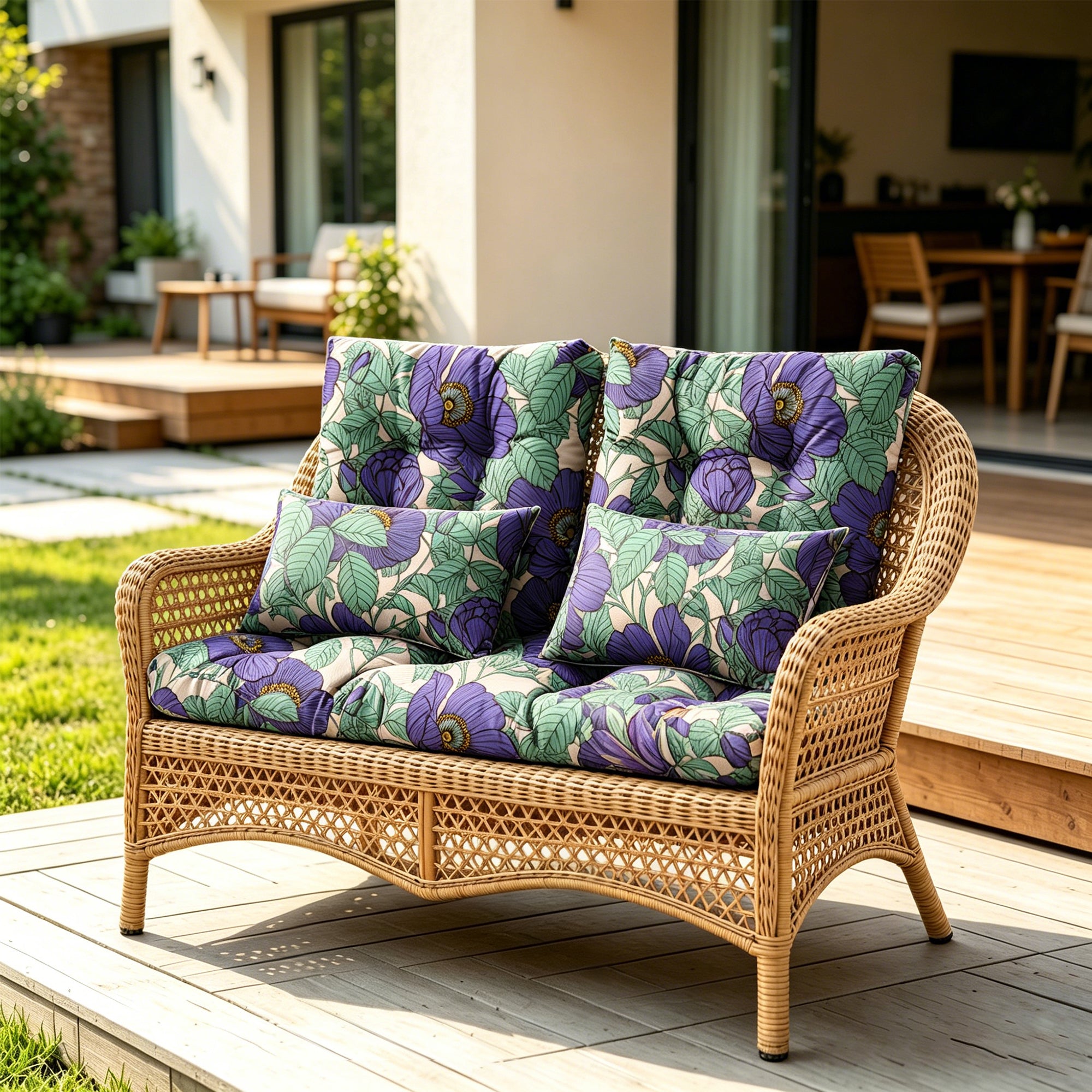 ARTPLAN Outdoor Cushions for Settee,Wicker Loveseat Cushions with Tie,Tufted Patio Cushions 2 U-Shaped Set of 5 Piece,L44xW19,Floral,