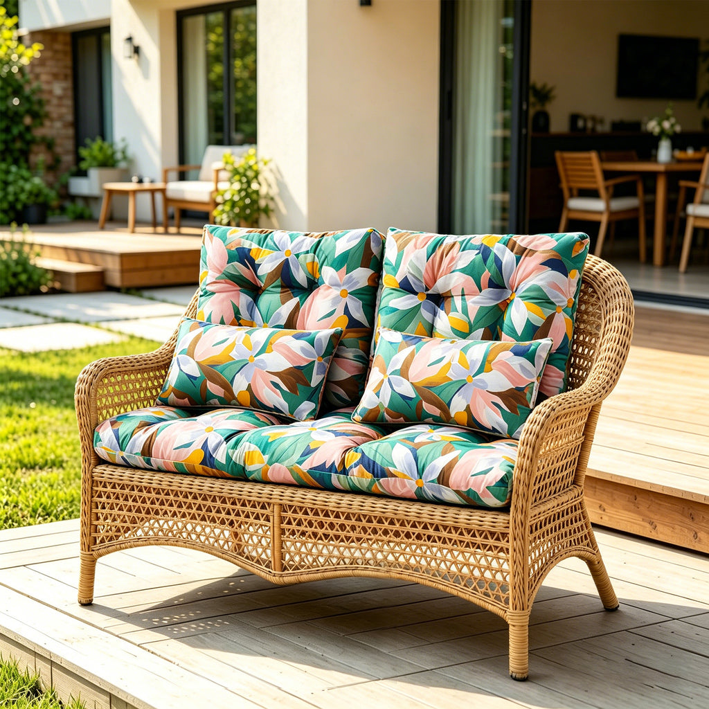 ARTPLAN Outdoor Cushions for Settee,Wicker Loveseat Cushions with Tie,Tufted Patio Cushions 2 U-Shaped Set of 5 Piece,L44xW19,Floral,