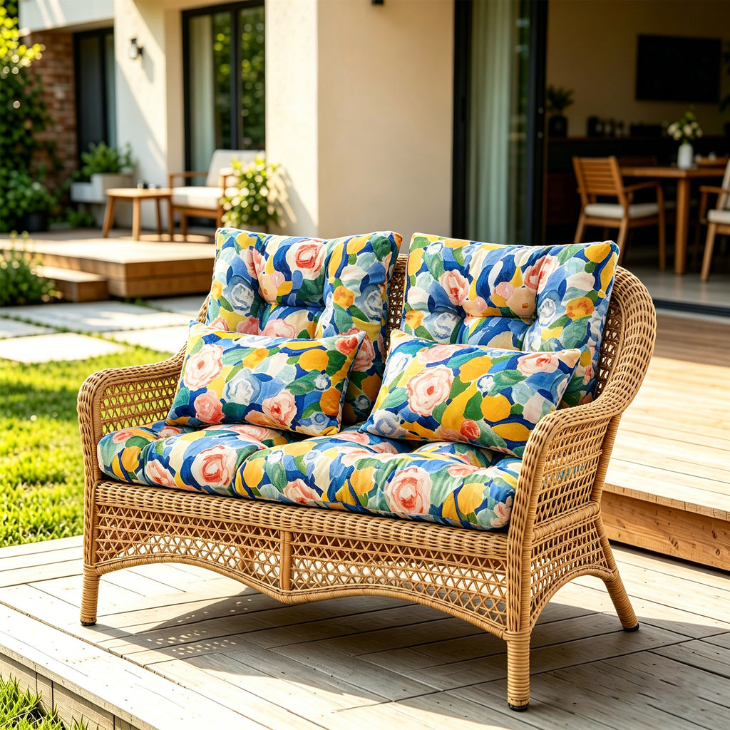 ARTPLAN Outdoor Cushions for Settee,Wicker Loveseat Cushions with Tie,Tufted Patio Cushions 2 U-Shaped Set of 5 Piece,L44xW19,Floral,